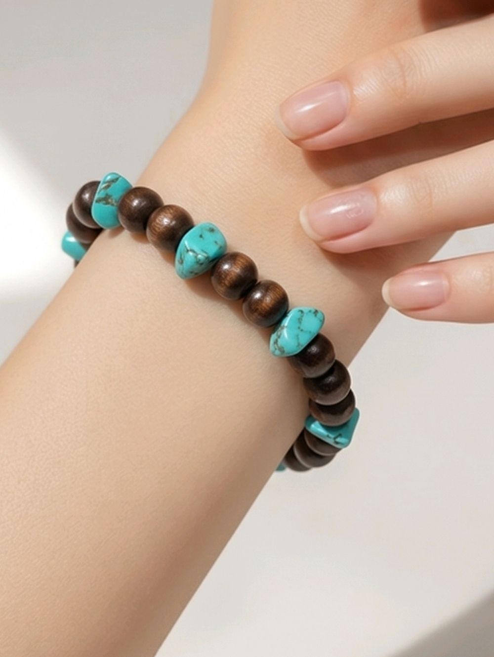Wood & Turquoise Beaded Bracelet 6mm Stretch Boho Western Cowgirl Earthy Minimal